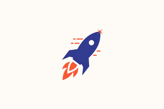 A stylized graphic illustration of a blue rocket launching into space with an orange flame emanating from its base representing speed innovation and upward trajectory success