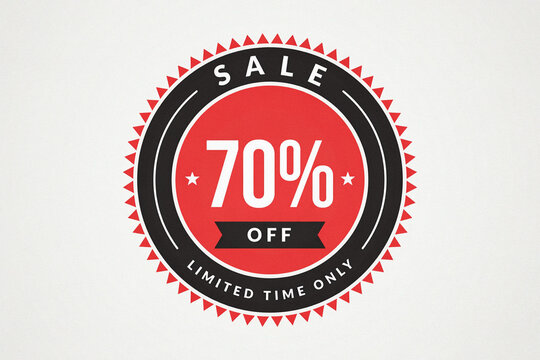 A prominent red black and white circular badge featuring a bold 'SALE 70% OFF LIMITED TIME ONLY' message displayed clearly on a subtle textured background with a decorative serrated outer edge design