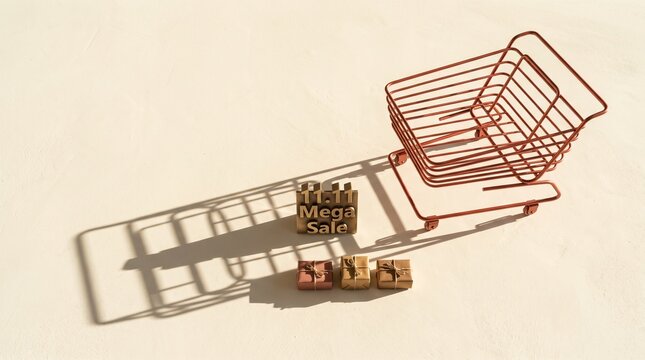 Miniature red shopping cart and wooden letter blocks spelling out 11.11 mega sale for retail and commerce concept