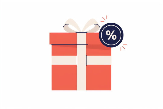 A bright red gift box meticulously tied with a white ribbon and a charming bow elegantly displays a prominent dark blue circular badge showcasing a clear white percentage symbol