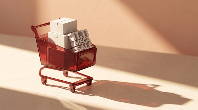 Miniature Red Shopping Cart with Package Boxes and 11.11 Mega Sale Sign for Online Retail Discount Concept