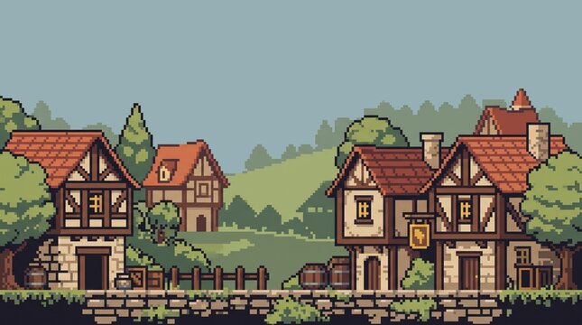 Pixel Art Medieval Village with Half Timbered Houses Game Background