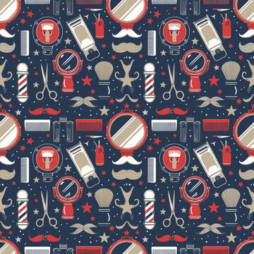 Retro barber shop seamless pattern with grooming tools and mustaches