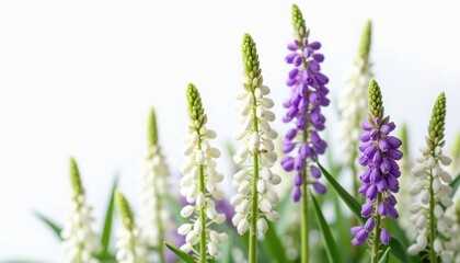 Fototapeta premium lupine flowers in soft white background, tall purple and white lupine flowers with vertical spires and green stems, close-up botanical composition, lupine flowers arranged with shallow depth of field,
