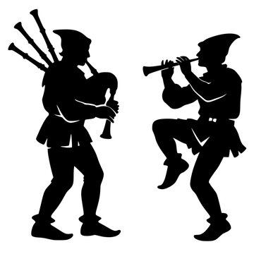 Black silhouettes of two medieval musicians playing bagpipes and flute. Bold vector artwork symbolizing tradition, festivity, and historic culture in stylized form.