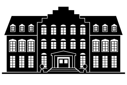 Bold black silhouette of a grand European manor or hotel building with mansard roof, dormer windows, portico entrance, steps and topiary, perfect for luxury, hospitality, and heritage themes.