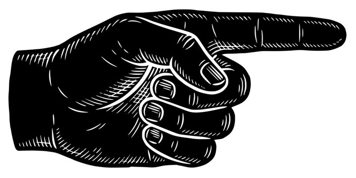 Vintage black‑and‑white hand pointing right with engraved shading. Bold vector artwork symbolizing direction, signage, and classic design in retro style.
