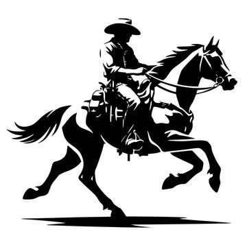 Black silhouette of cowboy galloping on horse with wide‑brimmed hat. Bold vector artwork symbolizing Western adventure, equestrian motion, and frontier lifestyle in iconic style.
