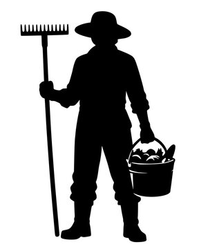Black silhouette of farmer with rake and bucket of harvest. Bold vector artwork symbolizing agriculture, gardening, and rural life in minimalist style.