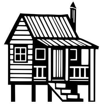 Black illustration of elevated cabin with stilts, porch, stairs, and gabled roof. Bold vector artwork symbolizing architecture, rural housing, and traditional design in minimalist style.