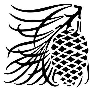 Black silhouette of pine cone with flowing needles. Bold vector artwork symbolizing nature, forest, and organic design in abstract style.
