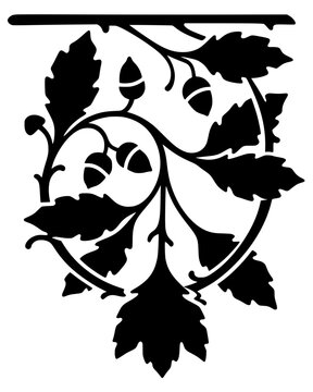 Black silhouette of oak leaves and acorns in ornamental pattern. Bold vector artwork symbolizing nature, growth, and decorative design in stylized form.