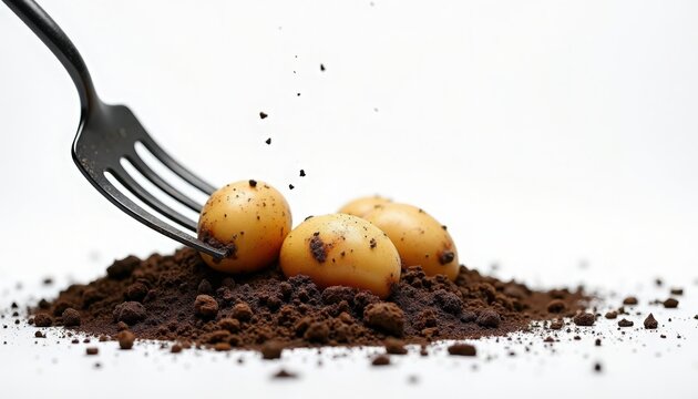 planting potatoes with fork in loose garden soil, small seed potatoes partly covered by fresh earth and scattered crumbs, planting potatoes illustrating sowing process and tactile texture,