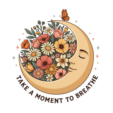 Sleeping Crescent Moon Face with Spring Floral Wreath Take A Moment To Breathe Mindfulness Design