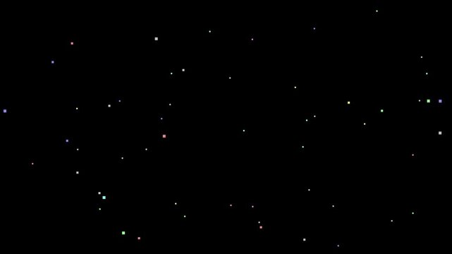 Seamless looping motion graphic of small colored pixel squares scattered across a black background, blinking and changing color like stars in a retro video game night sky.