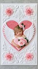 Fototapeta premium Cherub holding heart and roses on rococo relief