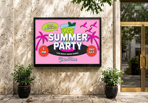 Horizontal Billboard Mockup Mounted on Stone Exterior Wall