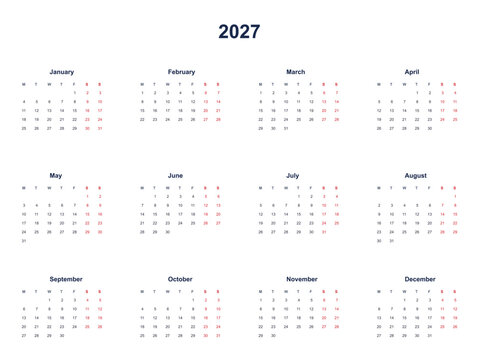 2027 calendar year grid, simple minimalist design with weeks starting on monday