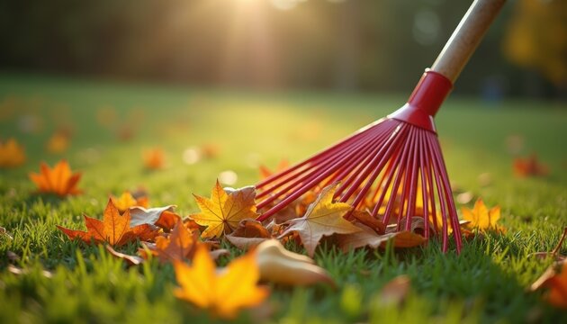 Raking leaves with red leaf rake on sunlit lawn, autumn maple leaves scattered, closeup of rake tines gathering colorful foliage, raking leaves in backyard garden chores for seasonal cleanup,