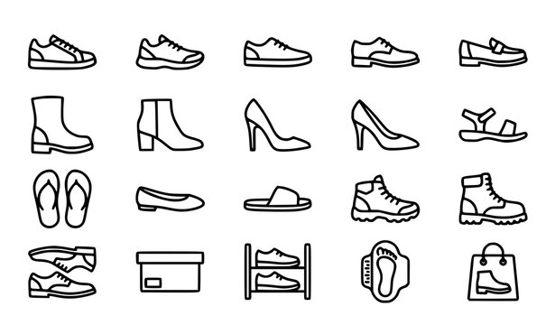 Footwear shopping editable stroke line icon set featuring men's and women's shoes sneakers boots heels sandals loafers shoeboxes and retail symbols