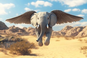 Naklejka premium Elephant with wings soaring above a vast, golden desert landscape in bright sunlight