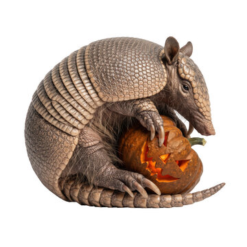 Nine-banded armadillo carrying fruit on white background transparent background