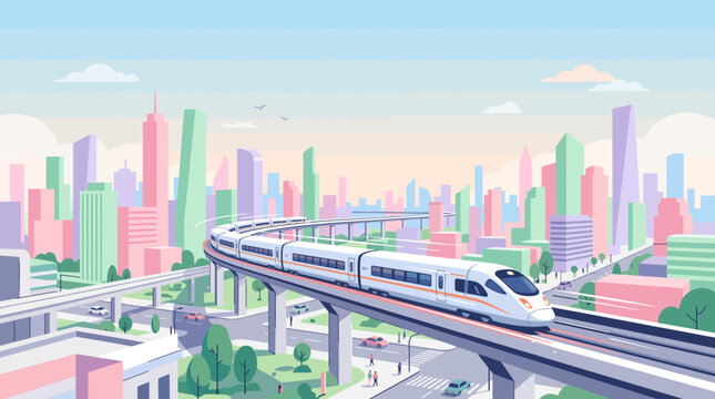 Modern high speed train moving on elevated railway track in metropolitan city