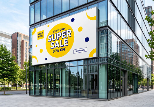 Large Billboard Mockup on Modern Glass Building Facade