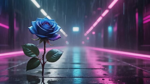 雨の未来都市で輝くネオンブルーの薔薇の横長動画