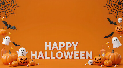 Fototapeta premium Happy Halloween Banner 3D Background with Pumpkins Ghosts Bats and Spiderwebs on Orange for Festive Social Media Post