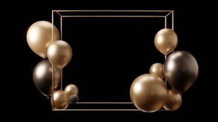 Naklejka premium Elegant gold frame with balloons and celebration decorations on black background 
