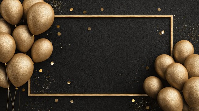 Elegant gold frame with balloons and celebration decorations on black background
