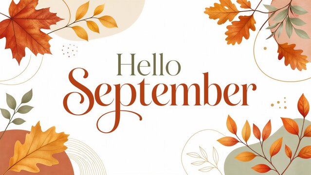 Hello September typography with watercolor autumn leaves and seasonal fall foliage background
