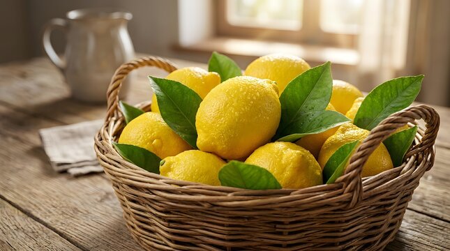 A woven basket filled with fresh yellow lemons and green leaves on a rustic wooden table.