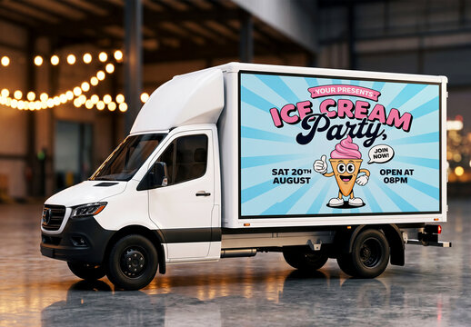 Mobile Billboard Truck Mockup with Digital Display in Warehouse