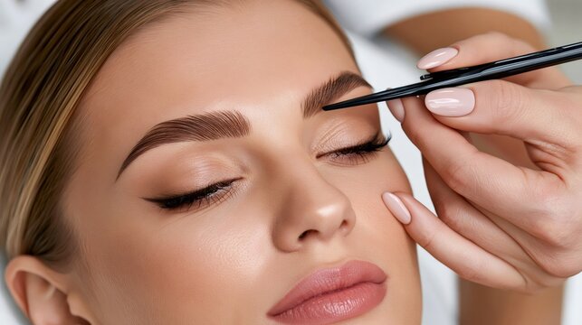 Woman getting permanent makeup microblading eyebrow treatment in salon