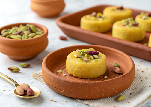 Saffron-infused Peda with a pistachios pressed into the center, set on a simple terracotta saucer, minimal background.