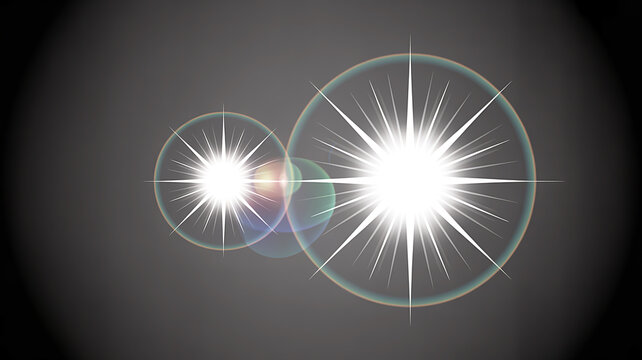 Digital lens flare effect on a dark grey background featuring glowing starburst lights with vibrant rainbow ring patterns for overlay