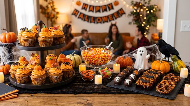 Halloween Dessert Table with Cupcakes and Candy.