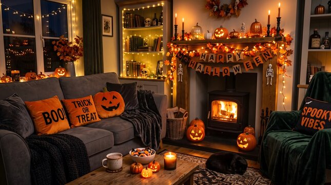 Cozy Halloween Living Room Decor with Fireplace.