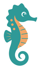 Fototapeta premium Minimalist teal and orange seahorse with a curled tail and friendly expression isolated on a white background. Marine life character concept