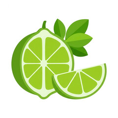 Wektorowa ilustracja świeżej limonki z przekrojem na pół i cząstką owocu oraz zielonymi liśćmi na białym tle, idealna do projektów kulinarnych i graficznych.