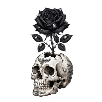 Skull with black rose illustration transparent background