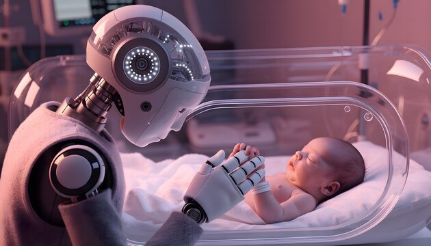 Futuristic AI caregiver robot gently holding tiny infant hand under soft blue and pink light, showing emotional connection between technology and human life.