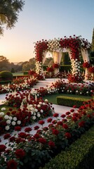 Fototapeta premium Elegant wedding altar arch covered in red and white roses. Lush floral arrangements line a garden path leading to a beautiful outdoor ceremony setting at sunset.