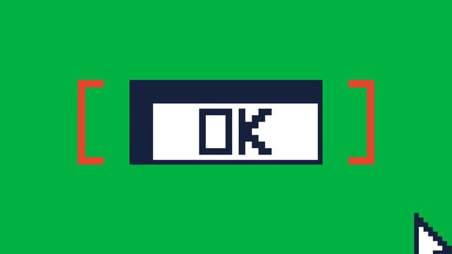 Retro 8 Bit Pixel Art OK Button Press with Arrow Cursor Click and Selection Brackets on Green Screen Chroma Key 4K UHD