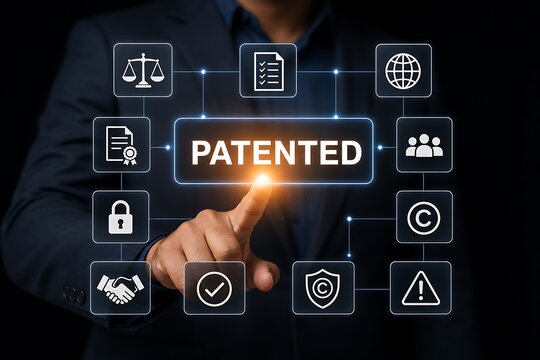 Hand touching digital patented concept interface with legal and security icons