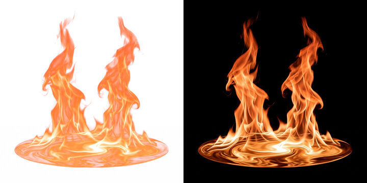 Twin peaked beacon fire spires with incandescent coal bed base, glowing flame transparent design element