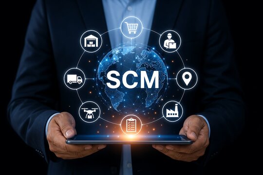 Businessperson interacting with glowing scm supply chain management hologram