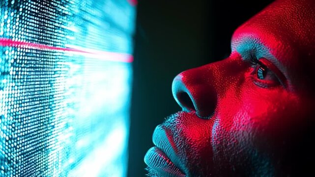 Futuristic Human Face Illuminated by Digital Scanning Light